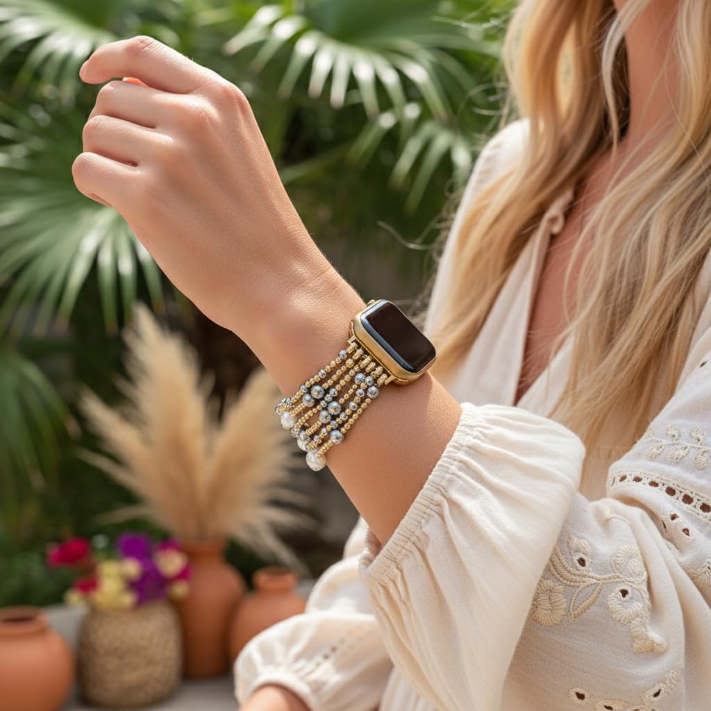 Cape Diablo Handmade Gemstone Watch Band for Women Compatible with Apple Watch 38mm 40mm 41mm 42mm 44mm 45mm, Boho Stretchable Strap Fits for iWatch Series 11/10/9/8/7/6/5/4/3/2/1 SE 3/2/1