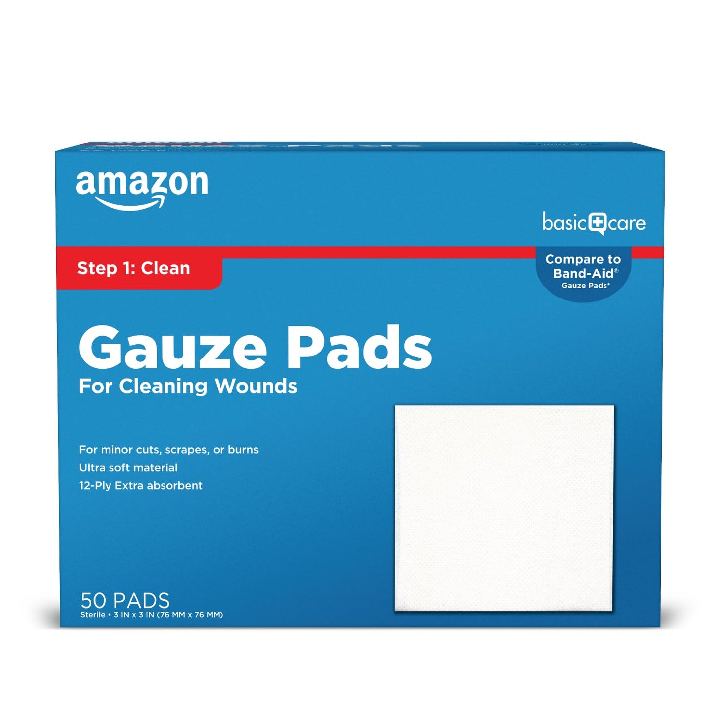 Amazon Basic Care Gauze Pads, 4x4" Sterile Medical Wound Dressing Sponges, 12-Ply, Extra Absorbent, for Cleaning, Covering & Cushioning Cuts & Minor Injuries, 50 Count, 1-Pack (Previously All Health)