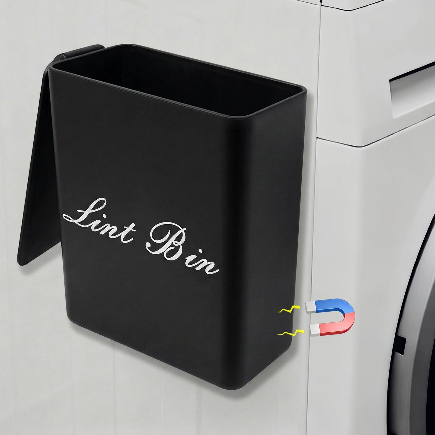 Artilife Magnetic Plastic Black Lint Bin with Lid for Laundry Room, 6 X 5 Inch Compact Wall Mount Lint Holder for Dryer, Small Black ABS Trash Can for Dryer Lint and Sheets
