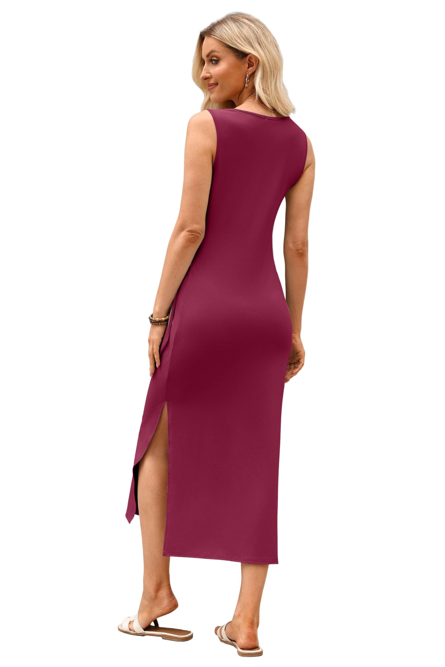 OFEEFAN Summer Dresses for Women 2026 V Neck Sleeveless Casual Dress Elegant Work Long Midi Dresses for Women Tie Waist