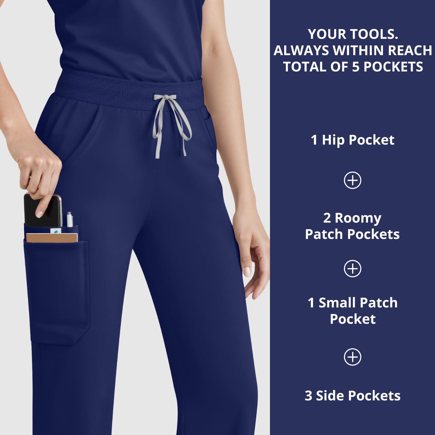 Scrubs for Women Set, Sleeveless 9-Pocket Straight Leg Yoga Waist | Stand-up collar top, straight leg pants side slits. Soft stretch knit. Yoga waist. Wrinkle-free. For nurses/docs/vets.