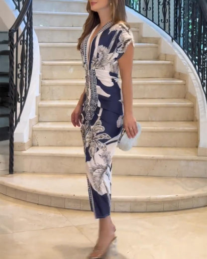 CHICME Summer Dresses for Women Floral Print Plunge V Neck Midi Dress Casual Ruched Slit Bodycon Party Dress
