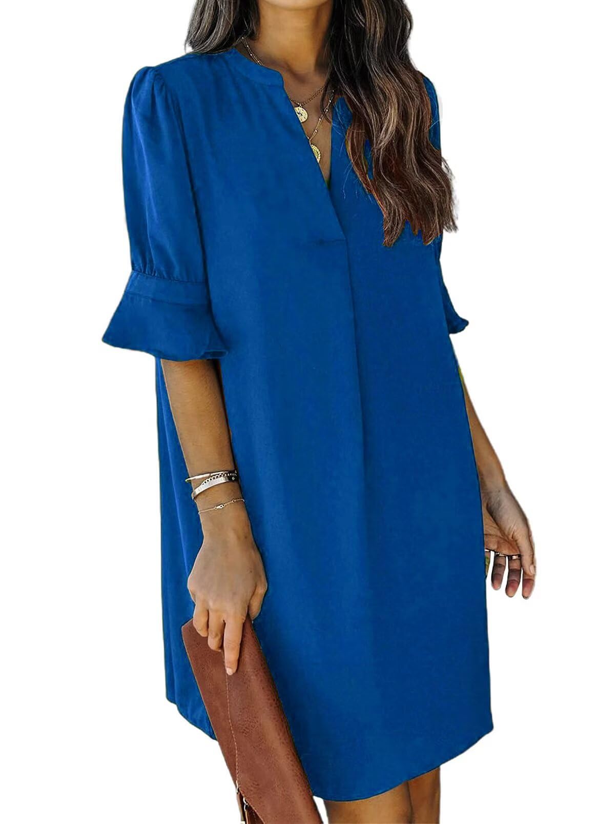 QACOHU Womens Summer Casual V Neck Shift Mini Dress | Flowy Swing Basic Loose Dresses, Ruffle Short Sleeve, Straight, Floral Boho Style, Wedding Guest Beach Vacation Outfits