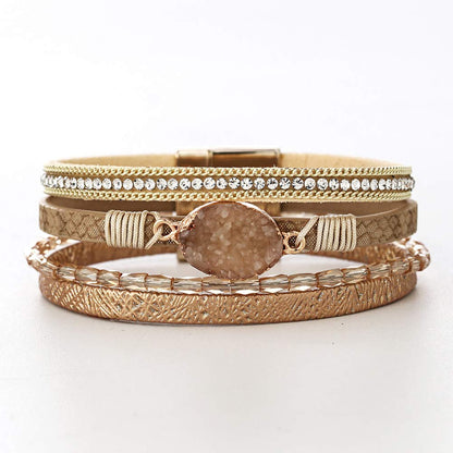 Fesciory Leopard Bracelet for Women, Boho Leather Wrap Multi-Layer Pearl Crystal Bracelet Bangle Jewelry