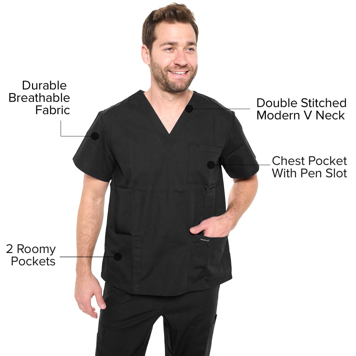 Dagacci Medical Uniform® Men's V-Neck Cargo Scrubs | Cotton Blend, Matching Top and Cargo Pants Set, 8 Pockets, Elastic Drawcord Waistband, for Men in Healthcare