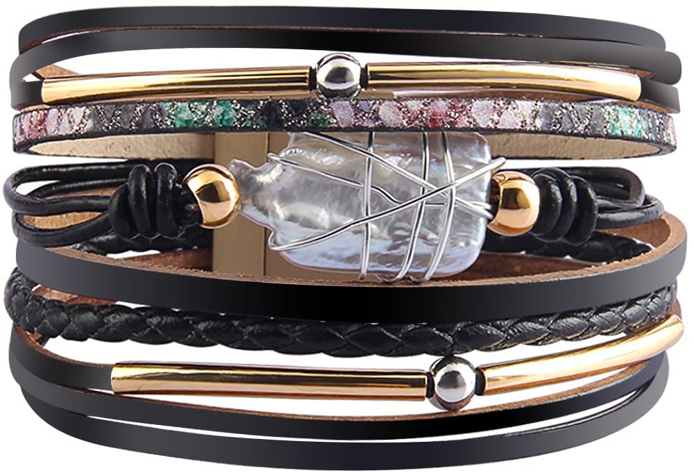 Fesciory Leather Wrap Bracelets for Women, Boho Western Layered Jewelry | Layered leather cuff bracelets, Easy on and off, Boho western style, Daily wear, Gift for women