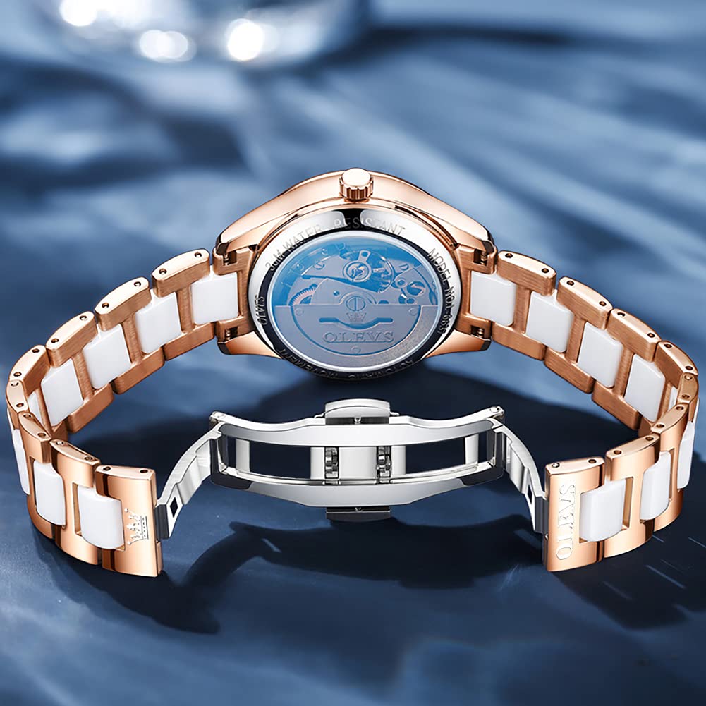 OLEVS Automatic Watches for Women Rose Gold Fashion Diamond Dress Ladies Wrist Watch Self Winding Mechanical Two Tone Ceramic Band Waterproof
