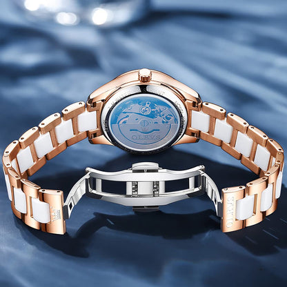 OLEVS Automatic Watches for Women Rose Gold Fashion Diamond Dress Ladies Wrist Watch Self Winding Mechanical Two Tone Ceramic Band Waterproof