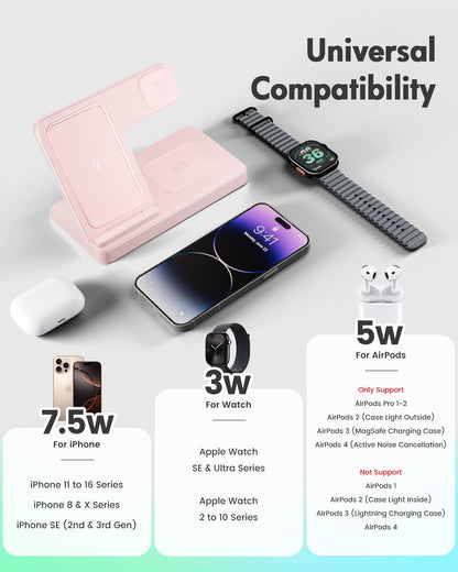 GETPALS Wireless Charger iPhone Charging Station for Apple Multiple Devices | 3 in 1 Charger Stand for iPhone 17 Pro Max 17e 16 16e 15 14 13 12 & Watch Series 11-2 SE Ultra & Airpods 4 3 Pro, Black