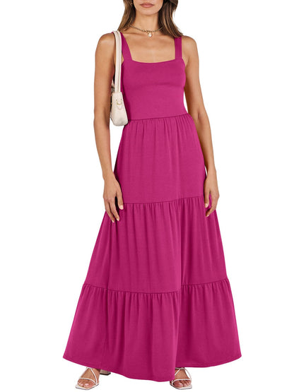 ANRABESS Women's Summer Casual Long Maxi Beach Vacation Dresses Sleeveless Square Neck Flowy Tiered Sun Dress with Pockets