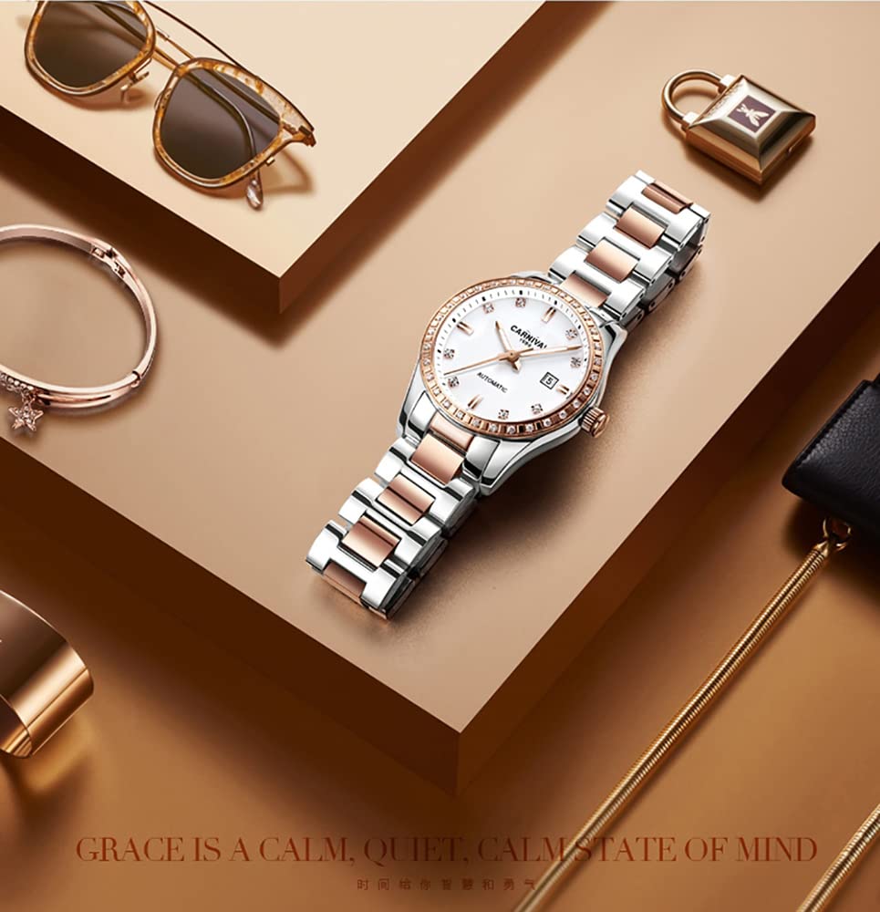 LOREO Women's Automatic Watch Diamond-Accented Dress Watch for Women Self-Winding Mechanical Watch with Sapphire Crystal Stainless Steel Two-Tone Bracelet 33MM Elegant Wrist Watch