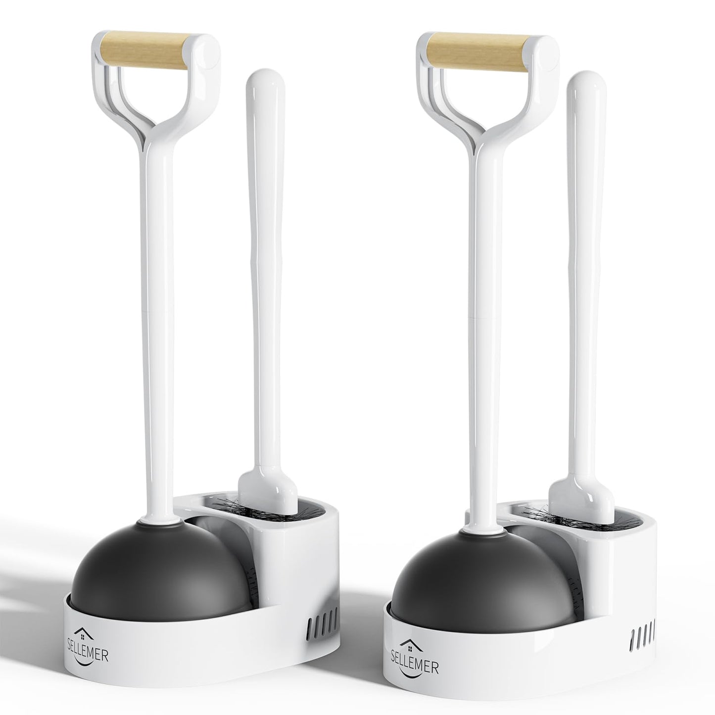 Sellemer Toilet Brush and Plunger Set, Curved Design Head for Deep Cleaning, Heavy Duty Toilet Bowl Brush and Plunger Combo with Holder for Bathroom Cleaning, Black, 2 Pack