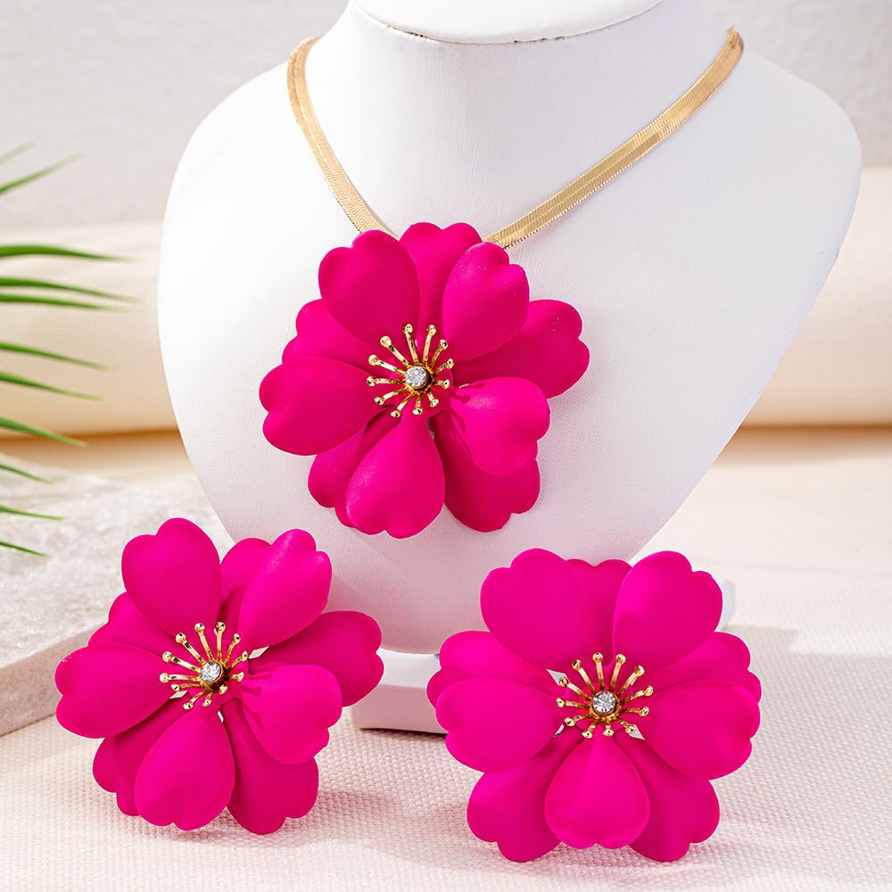 Vintage Flower Necklace Earring Set Gold Snake Chain Necklace Bohemian Red Flowers Choker Necklaces Hypoallergenic Statement Flower Stud Earrings Elegant Bridal Wedding Summer Beach Jewelry