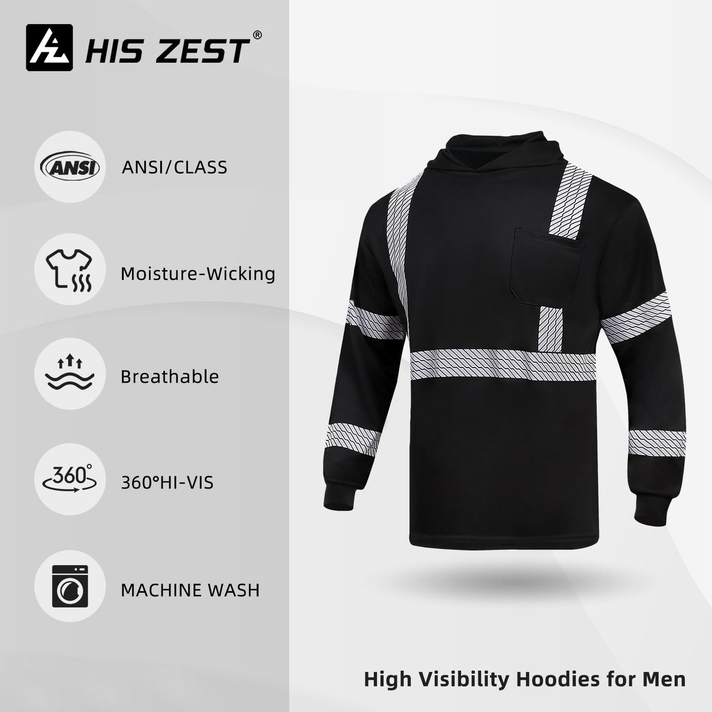 High Visibility Hoodies for Men,Safety Reflective Long Sleeve ANSI Class 3 Hi Vis Construction Work Shirts with Hood