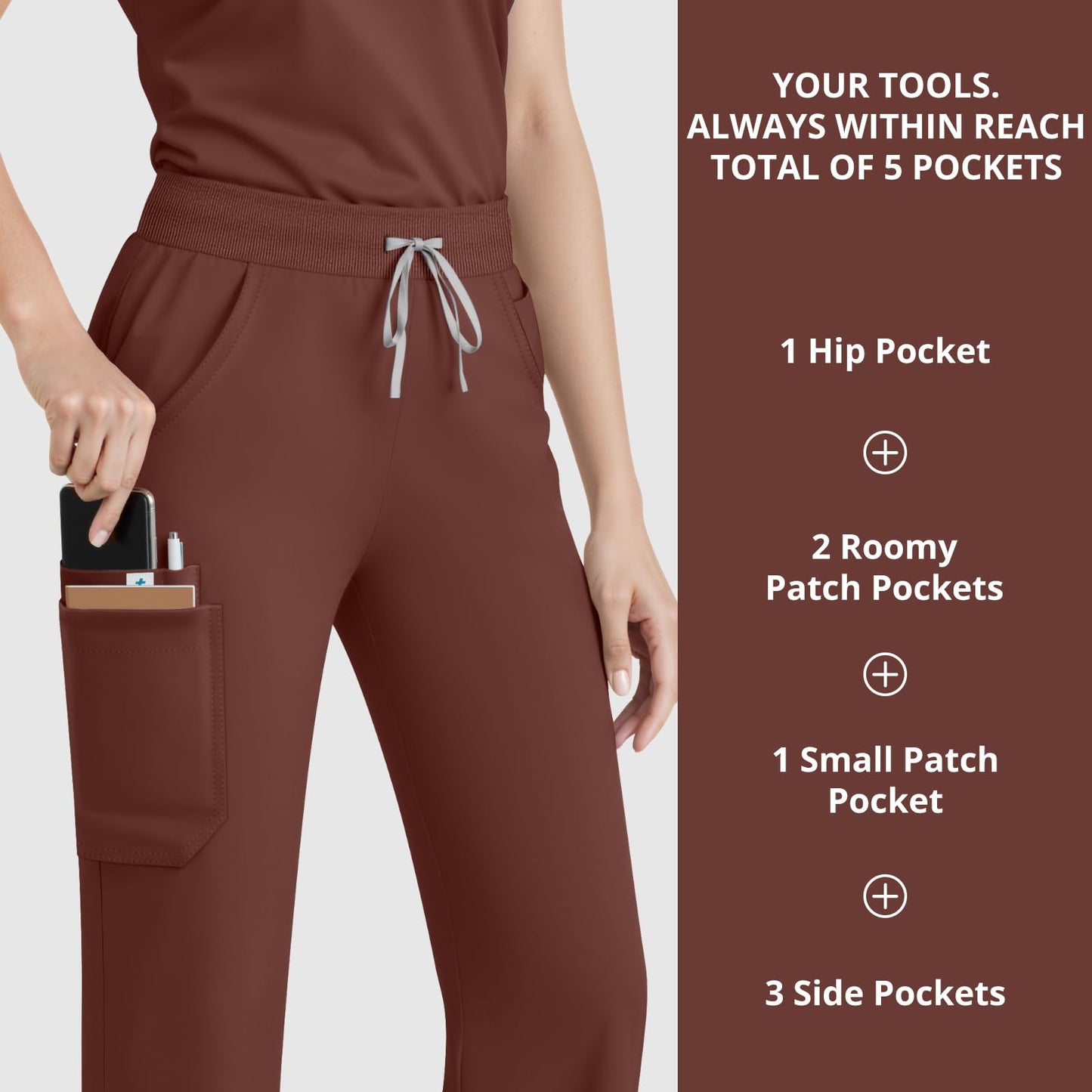 Scrubs for Women Set, Sleeveless 9-Pocket Straight Leg Yoga Waist | Stand-up collar top, straight leg pants side slits. Soft stretch knit. Yoga waist. Wrinkle-free. For nurses/docs/vets.