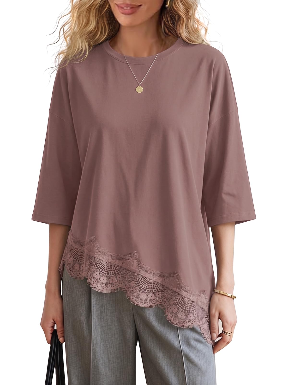 EXLURA Womens Summer Oversized Lace Trim T Shirts 2026 Casual Half Sleeve Asymmetrical Hem Tops Loose Crewneck Tunic Blouse