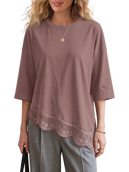 EXLURA Womens Summer Oversized Lace Trim T Shirts 2026 Casual Half Sleeve Asymmetrical Hem Tops Loose Crewneck Tunic Blouse