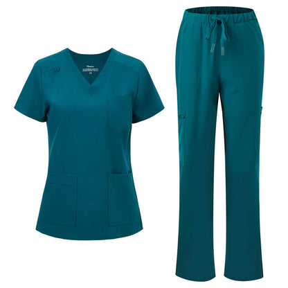 floralhue Scrubs for Women, V-Neck Straight Leg Pants with 12 Pockets | Slit Hem Cargo Pant Storage, Yoga Waistband, Water Resistance, For Nurses, Clinics, Long Shifts, Daily Medical Uniforms