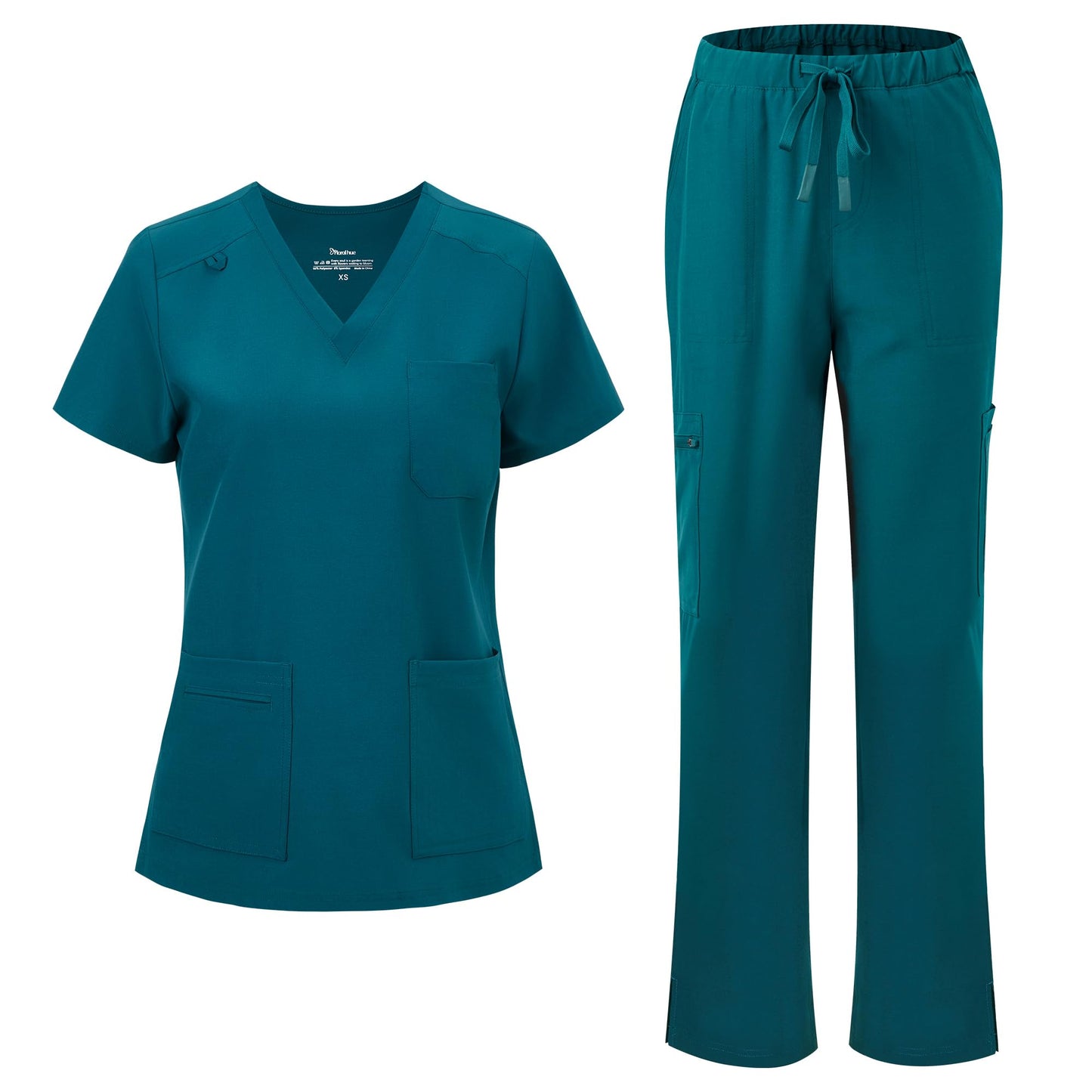 floralhue Scrubs for Women, V-Neck Straight Leg Pants with 12 Pockets | Slit Hem Cargo Pant Storage, Yoga Waistband, Water Resistance, For Nurses, Clinics, Long Shifts, Daily Medical Uniforms