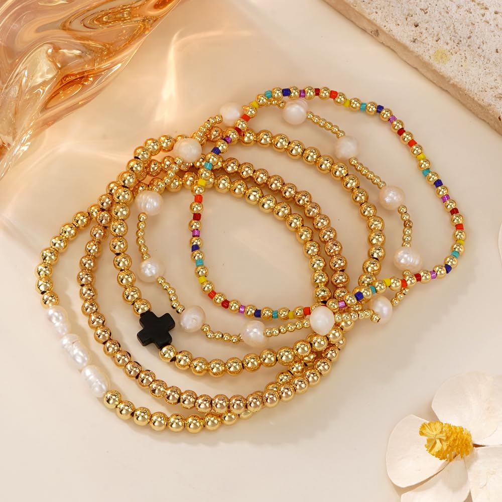 14K Gold Plated Pearl Beaded Cross Bracelets Stack Set for Women,Stretch Boho Colorful Christian Beads Ball Jewelry Friendship Summer Trendy Gift