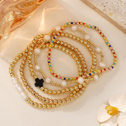 14K Gold Plated Pearl Beaded Cross Bracelets Stack Set for Women,Stretch Boho Colorful Christian Beads Ball Jewelry Friendship Summer Trendy Gift