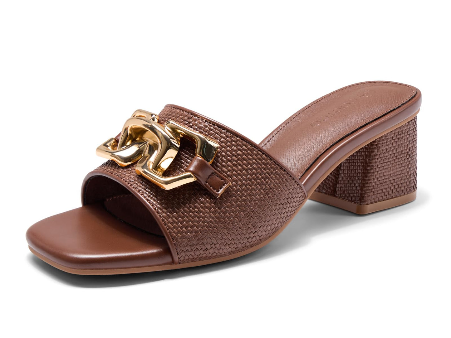 Coutgo Womens Raffia Slide Sandals Chunky Block Heeled Square Open Toe Metal Chain Slip on Mules Dressy Shoes