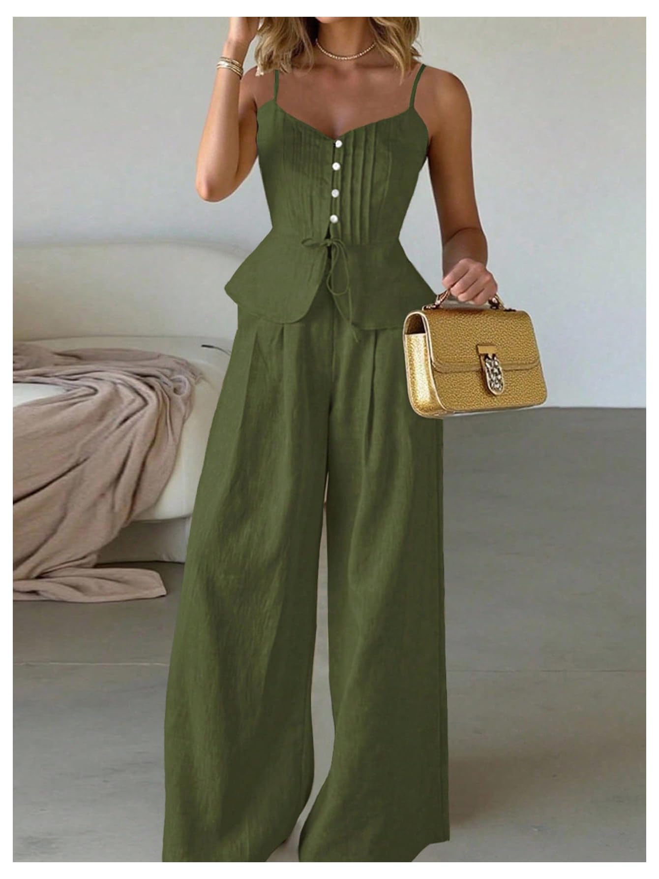 SOLY HUX Women's 2 Piece Summer Outfit Button Down Peplum Cami Top and Wide Leg Pants Set