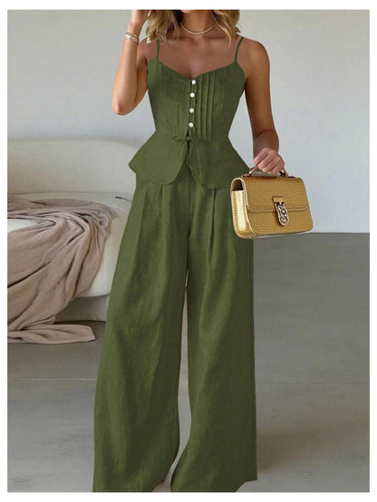 SOLY HUX Women's 2 Piece Summer Outfit Button Down Peplum Cami Top and Wide Leg Pants Set