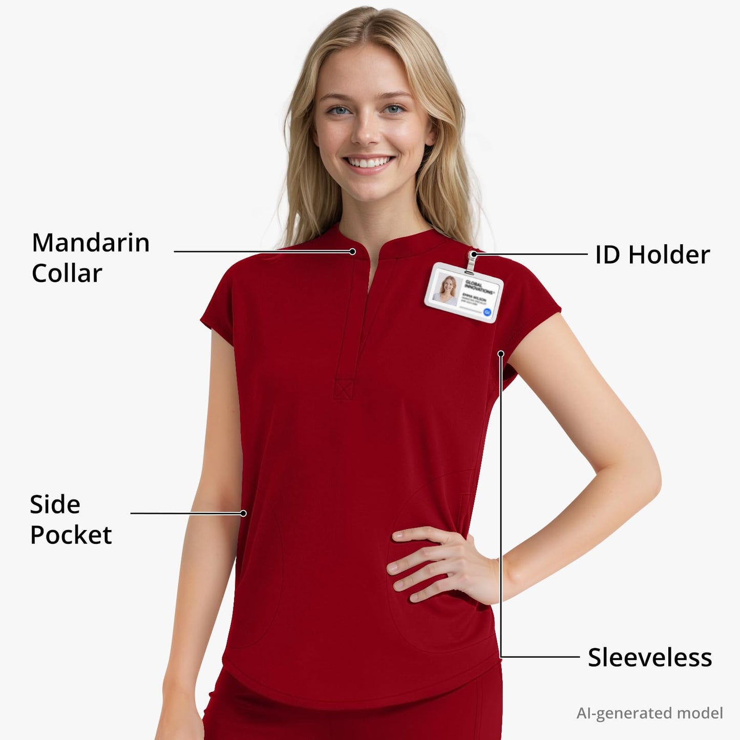 Scrubs for Women Set, Sleeveless 9-Pocket Straight Leg Yoga Waist | Stand-up collar top, straight leg pants side slits. Soft stretch knit. Yoga waist. Wrinkle-free. For nurses/docs/vets.
