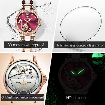 OLEVS Automatic Watches for Women Rose Gold Fashion Diamond Dress Ladies Wrist Watch Self Winding Mechanical Two Tone Ceramic Band Waterproof