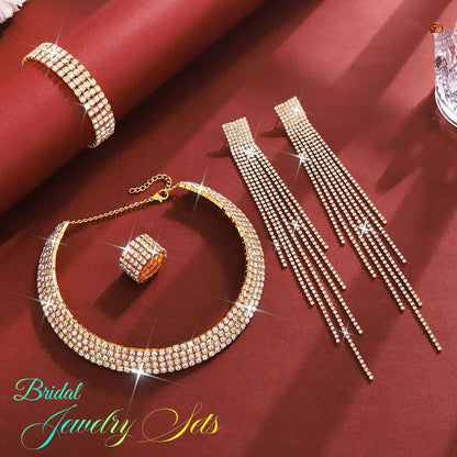 Unicra Rhinestone Bridal Wedding Jewelry Sets Silver Choker Necklace Earrings Bracelet Ring Set Prom Formal Costume Jewelry Set for Women and Brides