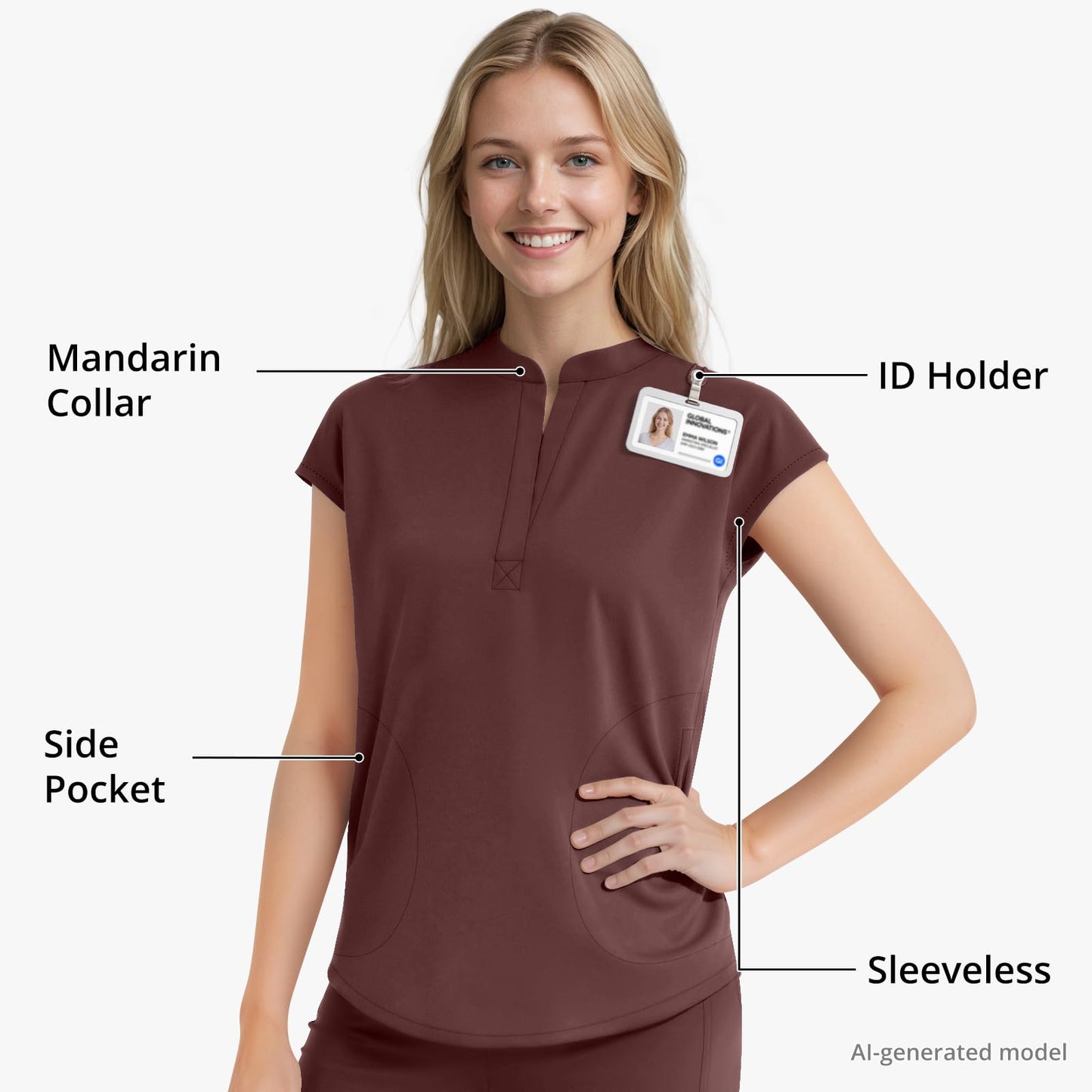 Scrubs for Women Set, Sleeveless 9-Pocket Straight Leg Yoga Waist | Stand-up collar top, straight leg pants side slits. Soft stretch knit. Yoga waist. Wrinkle-free. For nurses/docs/vets.