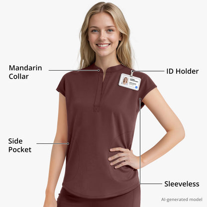 Scrubs for Women Set, Sleeveless 9-Pocket Straight Leg Yoga Waist | Stand-up collar top, straight leg pants side slits. Soft stretch knit. Yoga waist. Wrinkle-free. For nurses/docs/vets.