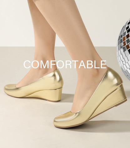 Ankis Black Nude Silver Gold Wedges for Women, Low Heel Women's Wedge Comfortable Closed Toe Women Pumps Dress Shoes -2Inch