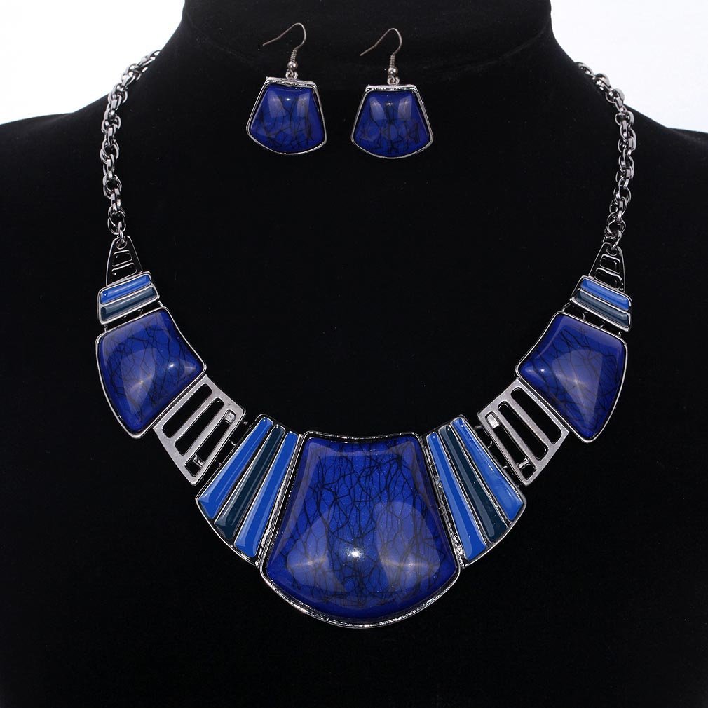 YAZILIND Vintage Ethnic Tibetan Sliver Turquoise Bib Collar Earrings Necklace Jewelry Set Women