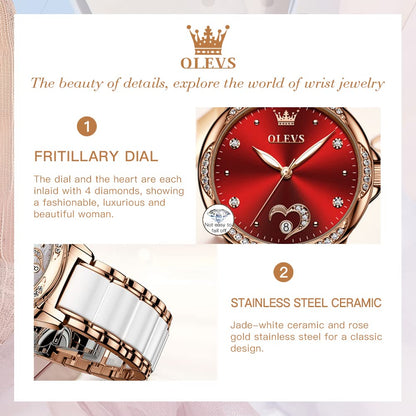 OLEVS Automatic Watches for Women Rose Gold Fashion Diamond Dress Ladies Wrist Watch Self Winding Mechanical Two Tone Ceramic Band Waterproof