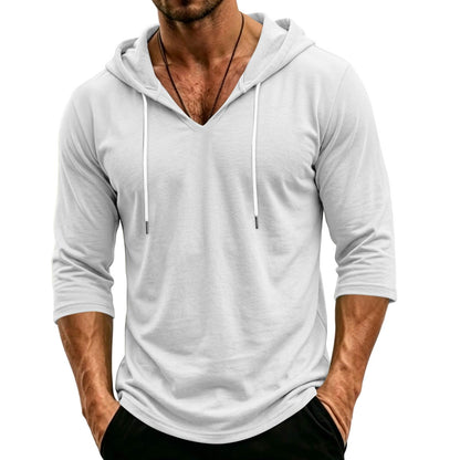 Mens Hooded 3/4 Sleeve Pullover Relaxed Fit Casual Lightweight Comfort Top