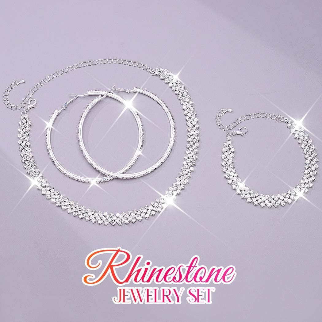 Unicra Black Jewelry Sets Rhinestone Necklace Hoop Earrings Bracelet Set Prom Formal Sparkly Costume Jewelry Sets for Women