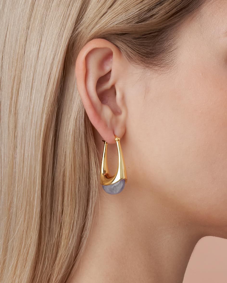 SNGIA Long Oval Chunky Dangle 18K Gold Plated Hoops with Colored Resin Gemstone Statement Earrings for Women, (Green, Brown, Light blue, Dark Blue), Bold Drop Handmade Exaggerated Irregular Trendy Bohemian Jewelry Gifts, Unique Dangling Teardrop Baroque S