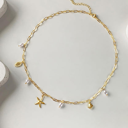 Zeffy Shell Necklace for Women,14K Gold Plated Layered Starfish Conch SeaShell Pearl Pendant Charm Necklace Stack Waterproof Dainty Beach Jewelry for Summer Vacation