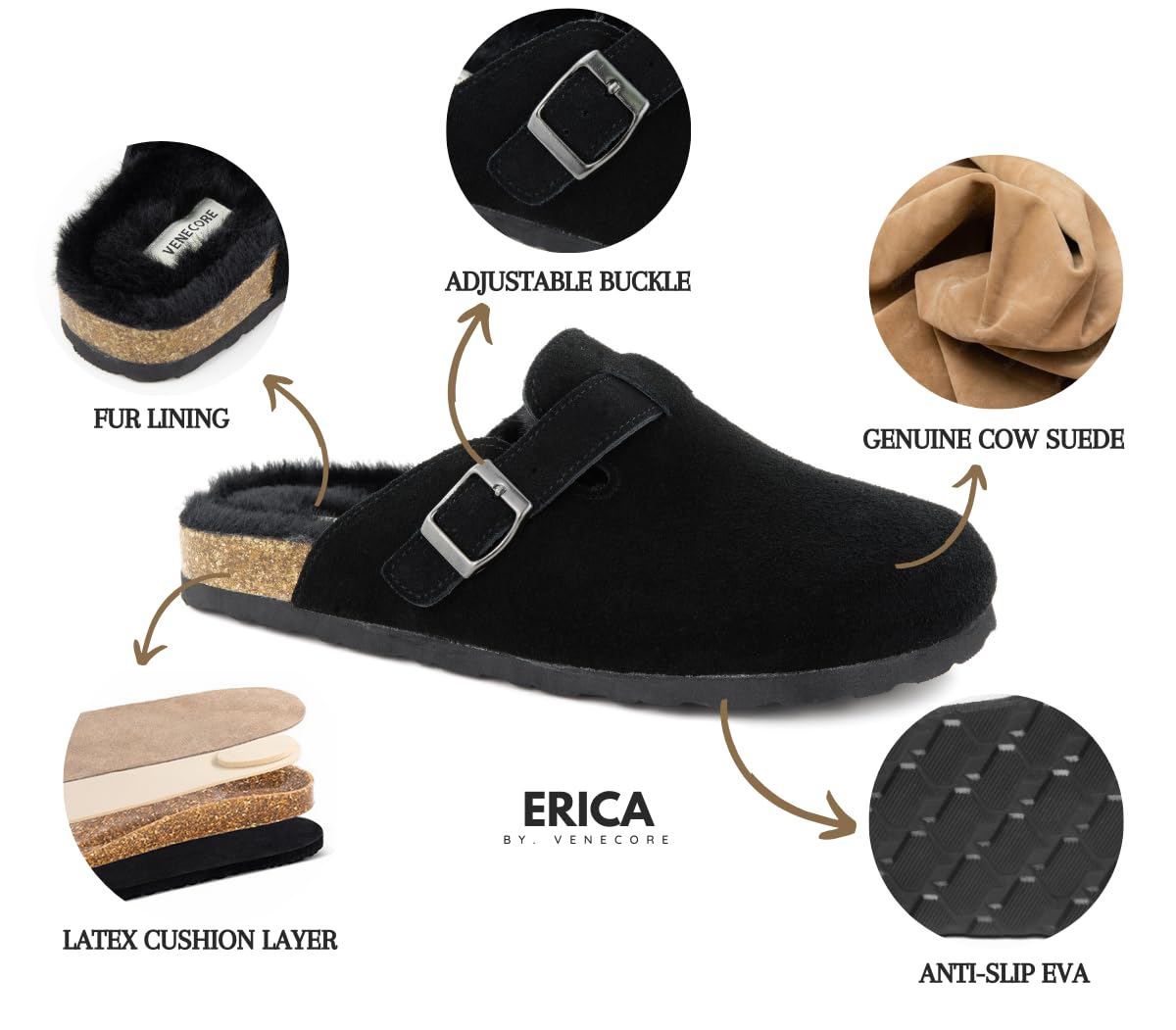 Erica Women's Cork Footbed Clogs Genuine Soft Suede Fuzzy Faux Fur Lined Comfort Cushioned Mule Slide Shoes