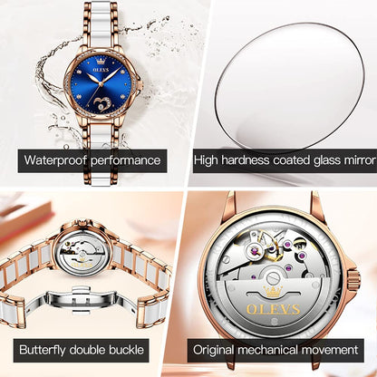 OLEVS Automatic Watches for Women Rose Gold Fashion Diamond Dress Ladies Wrist Watch Self Winding Mechanical Two Tone Ceramic Band Waterproof