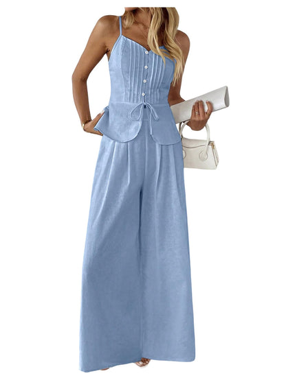 SOLY HUX Women's 2 Piece Summer Outfit Button Down Peplum Cami Top and Wide Leg Pants Set
