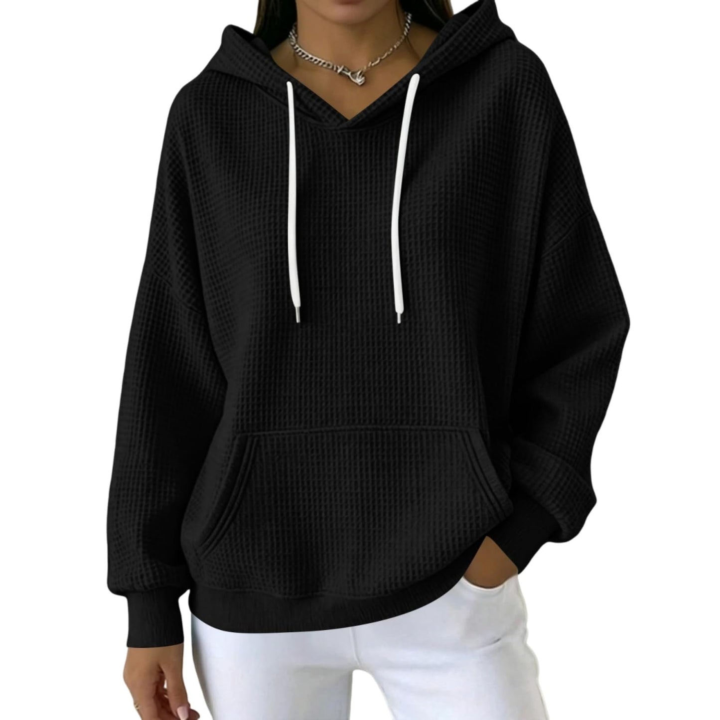 Women Casual Waffle Grid Textured Pullover Hoodie Contrast Drawstring Pocket Loose Long Sleeve Sweatshirts