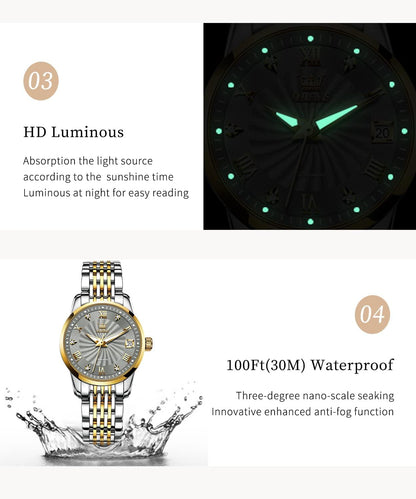OLEVS Womens Automatic Watches Gold Classic Diamond Ladies Self Winding Mechanical Two Tone Stainless Steel Wrist Watch Date