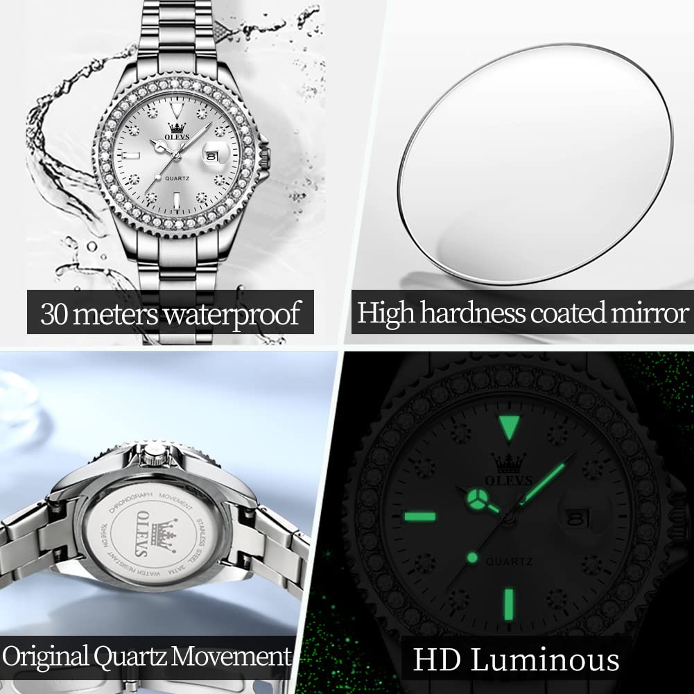 OLEVS Watches Women with Date Silver Stainless Steel Luxury Ladies Watches with Small Writs Diamond Watches for Women Waterproof Elegant Dress Quartz Analog Women's Wrist Watches Reloj de Mujer