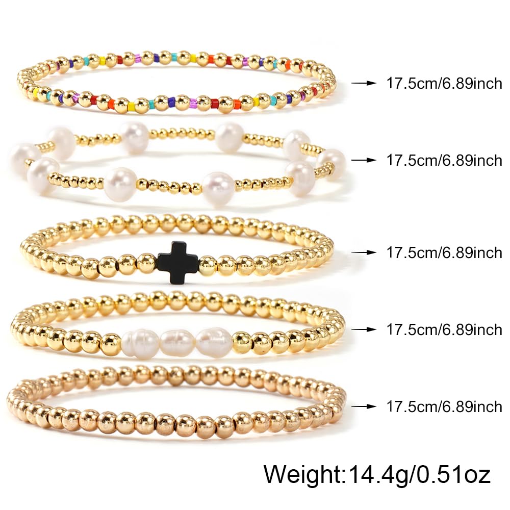 14K Gold Plated Pearl Beaded Cross Bracelets Stack Set for Women,Stretch Boho Colorful Christian Beads Ball Jewelry Friendship Summer Trendy Gift