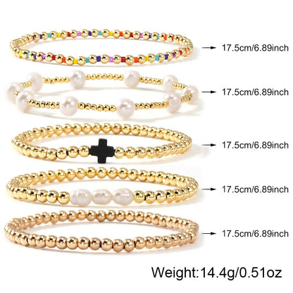 14K Gold Plated Pearl Beaded Cross Bracelets Stack Set for Women,Stretch Boho Colorful Christian Beads Ball Jewelry Friendship Summer Trendy Gift