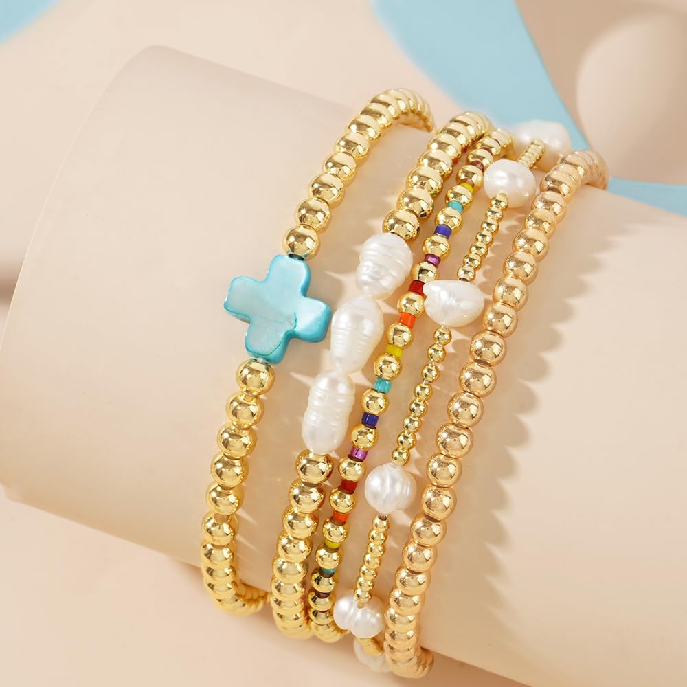14K Gold Plated Pearl Beaded Cross Bracelets Stack Set for Women,Stretch Boho Colorful Christian Beads Ball Jewelry Friendship Summer Trendy Gift