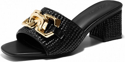 Coutgo Womens Raffia Slide Sandals Chunky Block Heeled Square Open Toe Metal Chain Slip on Mules Dressy Shoes
